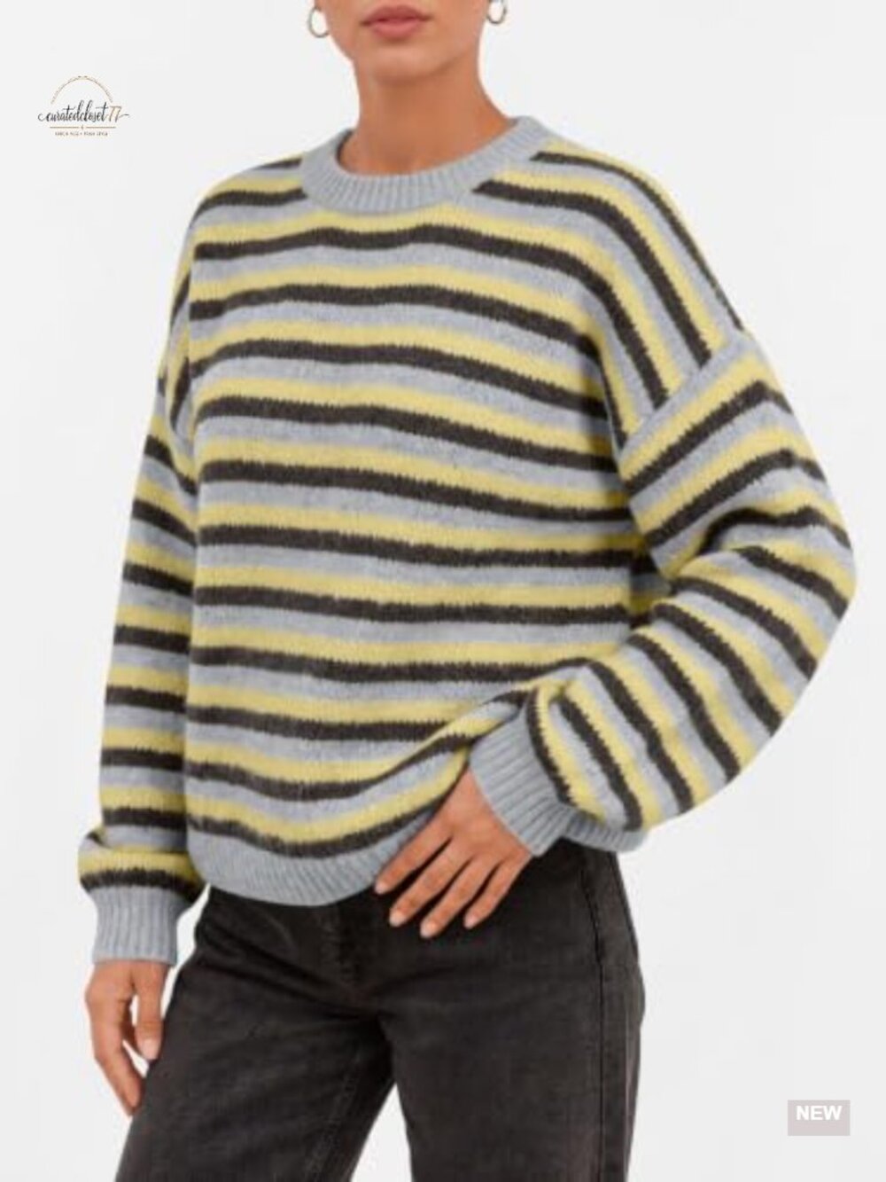 Women's Striped Oversized Knit Pullover Sweater Crew Neck Long Sleeve - Picture 2 of 5